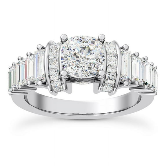 Eterna Jewel 14K White Gold Plated Princess-Cut and Baguette Design Ring - 1.7 Ct Cushion Cut Lab Created Diamond Solitaire Engagement and Wedding Jewelry for Her - Fashion and Formal Occasions