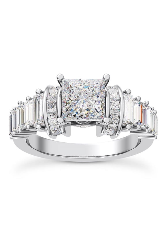14K White Gold Plated Princess-Cut and Baguette Engagement Ring for Women - 1.6 Ct Princess Cut Lab Created Diamond Solitaire Wedding Jewelry - Stylish Lab Grown Diamond Design Ring