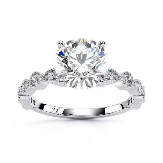 Eterna Jewel Brilliant Round Solitaire Classic Prong Set Engagement Ring – 1.7 Ct Lab-Created Simulated Diamond, 14K White Gold Plated, Vintage Milgrain Art Deco Ring for Women, Ideal Wedding Gift