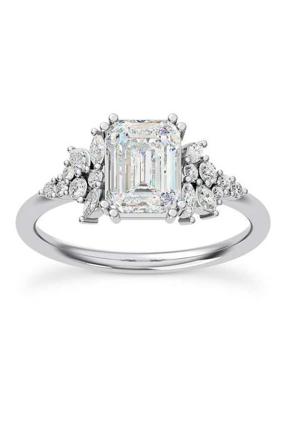 Graduated Mixed-Shape 2.3 Ct Emerald Cut Lab Created Diamond Ring - 14K White Gold Plated Solitaire Design Engagement Ring - Wedding Jewelry for Women’s Premium Jewelry Collection