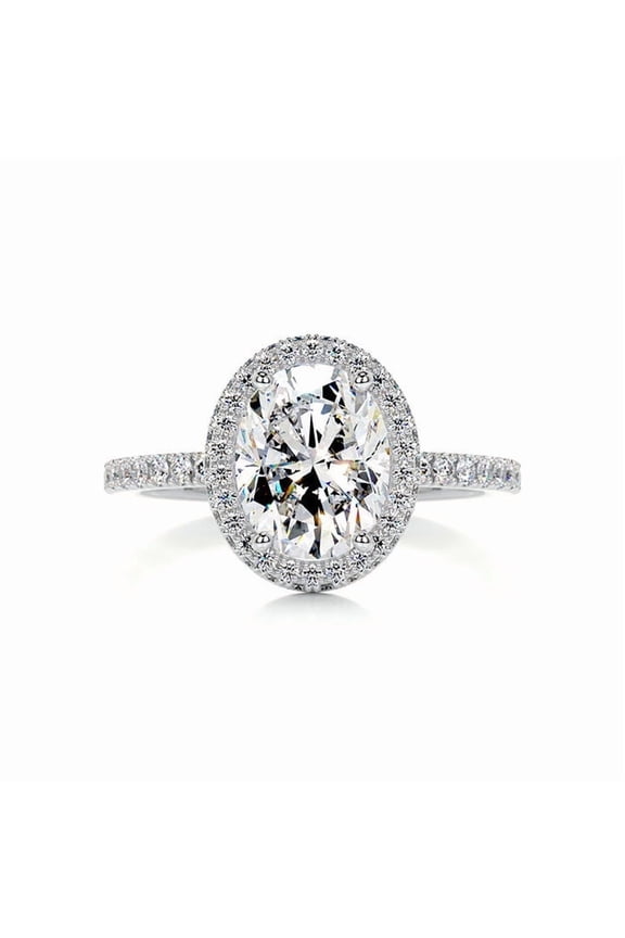 Oval Cut Excellent Diamond Ring - 1.8 Ct Halo Pave Set Engagement Wedding Ring for Women - 14K White Gold Plated Lab-Created Simulated Diamond Prong Setting - Stunning Gift for Women's