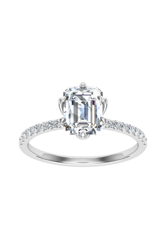 1.9 Ct Emerald Cut Lab Created Diamond Ring - 14K White Gold Plated Engagement Wedding Hidden Halo Ring - Solitaire with Accents Diamond Ring for Her - Gift for Marking Milestones