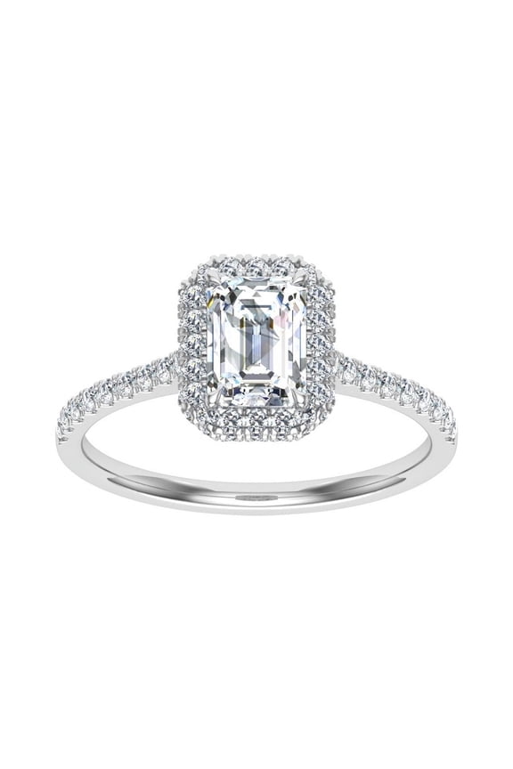 1.9 Ct Emerald Cut Lab-Created Diamond Ring - Halo Solitaire with Accent - 14K White Gold Plated Engagement Ring - Timeless Elegance for Any Occasion - Secure Prong Set for Lasting Shine