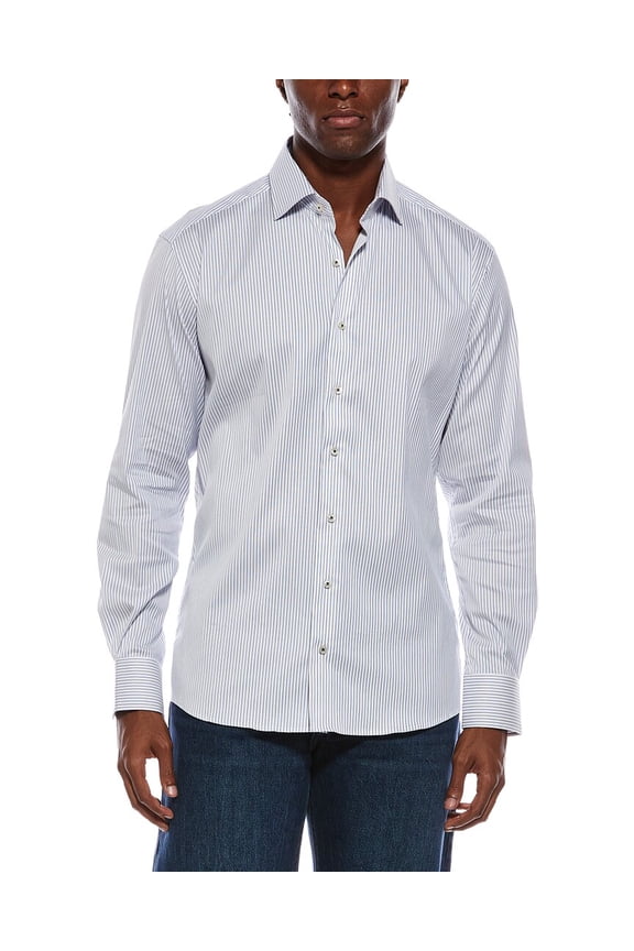 mens  Italian Striped Pique Modern Fit Shirt, 43L/17L, Blue