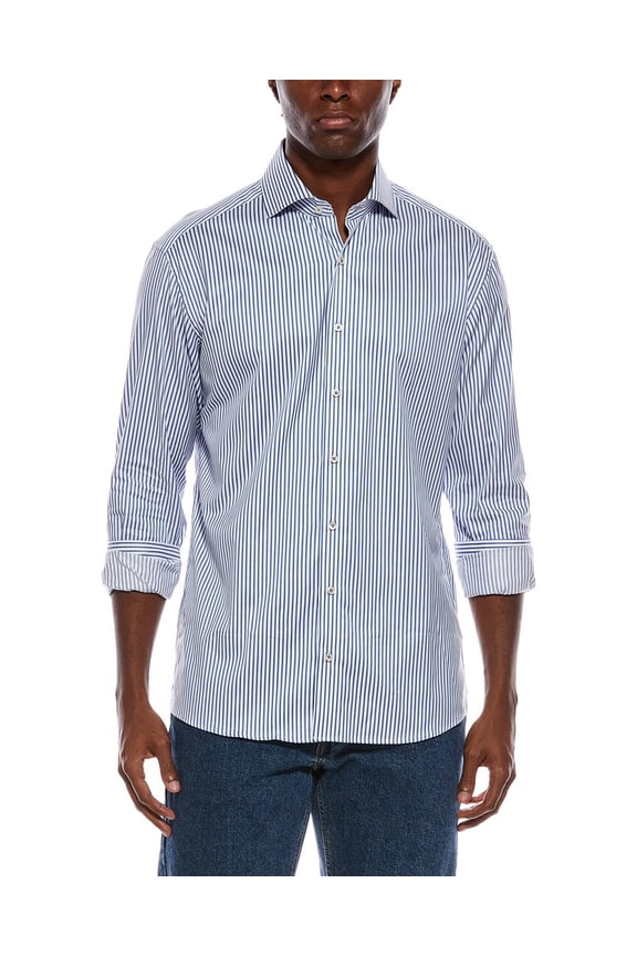 mens Italian Striped Poplin Modern Fit Shirt, 42L/16.5L, Blue