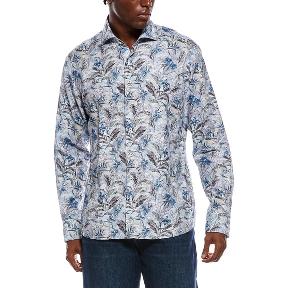 Eterna mens Soft Printed Twill Modern Fit Linen-Blend Shirt, 44L/17.5L, Blue