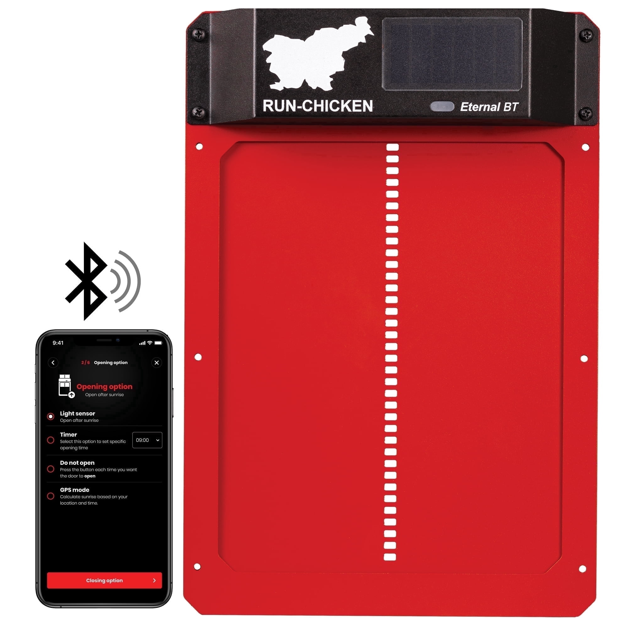 Eternal BT RUN-CHICKEN Door – Solar-Powered Automatic Coop Door with Bluetooth Control (Red)
