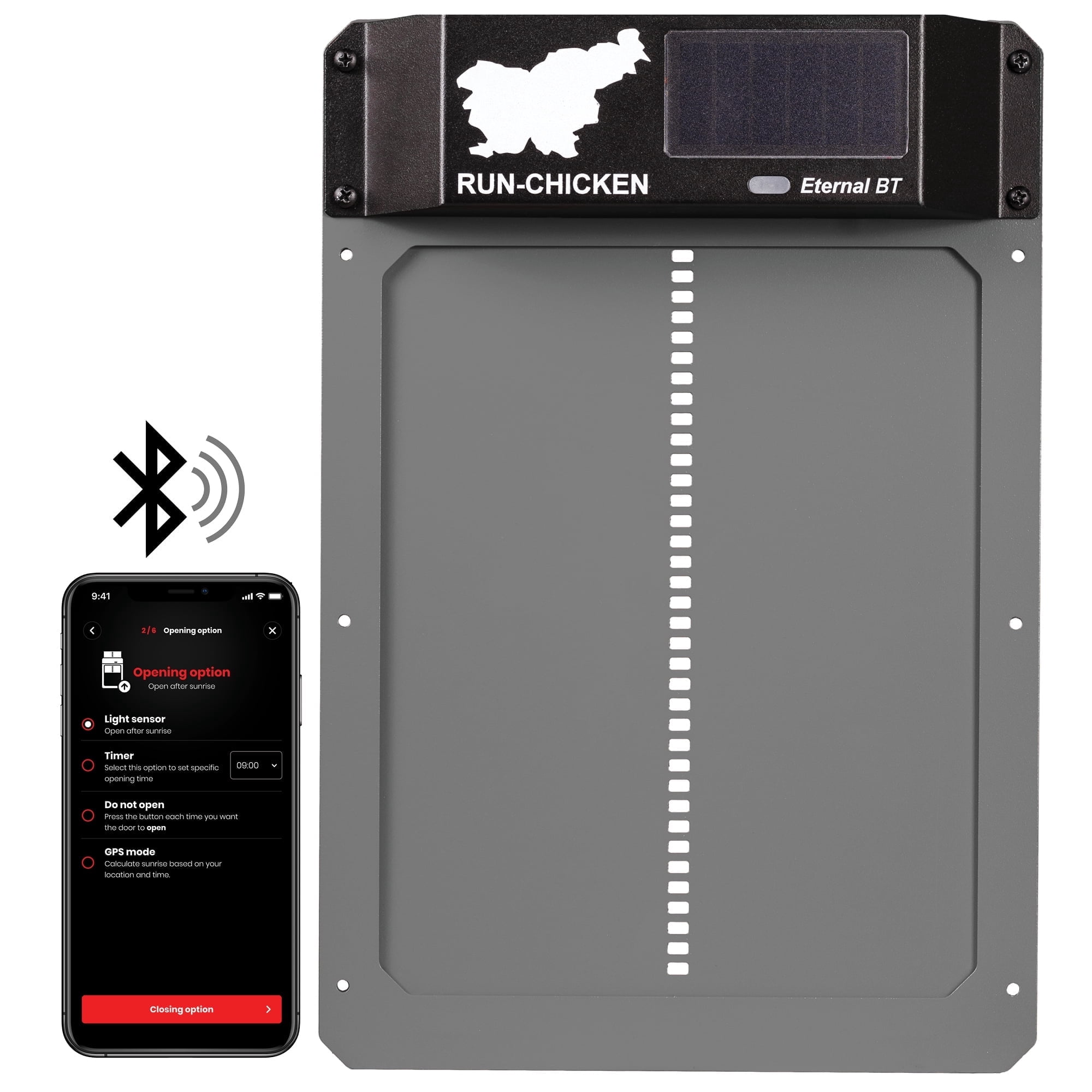 Eternal BT RUN-CHICKEN Door – Solar-Powered Automatic Coop Door with Bluetooth Control (Gray)