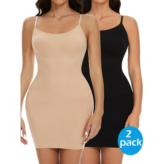 Eternal Blue Love 2 Packs Shapewear Slips for Under Dresses Women's Tummy Control Body Shaper Slimming Seamless Cami Slip
