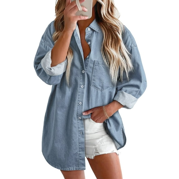 Eternal Blue Love Denim Shirts for Women Button Down Blouses Long Sleeve Casual Tops Fall Outfits