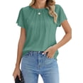 thumbnail image 1 of Eternal Blue Love  Pleated Blouses for Women Dressy Casual Tops Business Work Shirts Ruffle Sleeve Crew Neck Summer Outfits, 1 of 7
