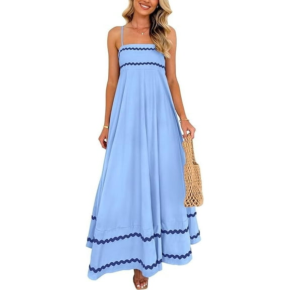 Eternal Blue Love Women Summer Flowy Maxi Dress Casual Sleeveless Spaghetti Strap Ruffle Beach Long Dresses