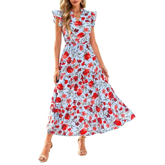 Eternal Blue Love  Women's Summer Floral Midi Dress Cap Sleeve V Neck Ruffle Long Flowy Boho Casual Beach Vacation Dresses