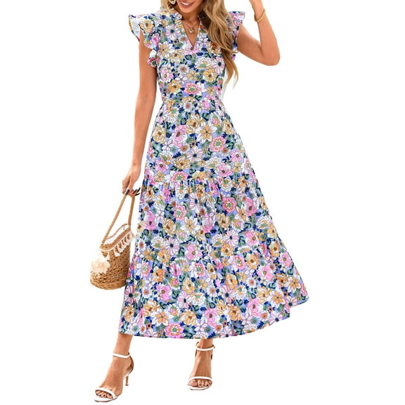 Eternal Blue Love  Women's Summer Floral Midi Dress Cap Sleeve V Neck Ruffle Long Flowy Boho Casual Beach Vacation Dresses
