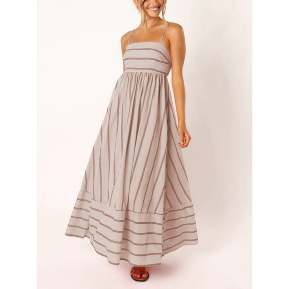 Eternal Blue love  Women's Summer Striped Spaghetti Strap Maxi Dress Boho Smocked Beach Sundress, Apricot