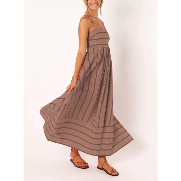 Eternal Blue love Women's Summer Striped Spaghetti Strap Maxi Dress Boho Smocked Beach Sundress, Apricot
