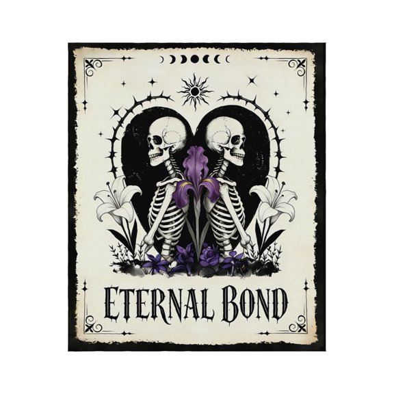 Eternal Bond Skeleton Floral Flannel Blanket 30x40 Inch, Gothic Witchy Lap Throw with Moon Phase & Thorn Design, Soft Plush Skull & Flower Blanket for Couch Chair Decor, Dark Cottagecore Gift