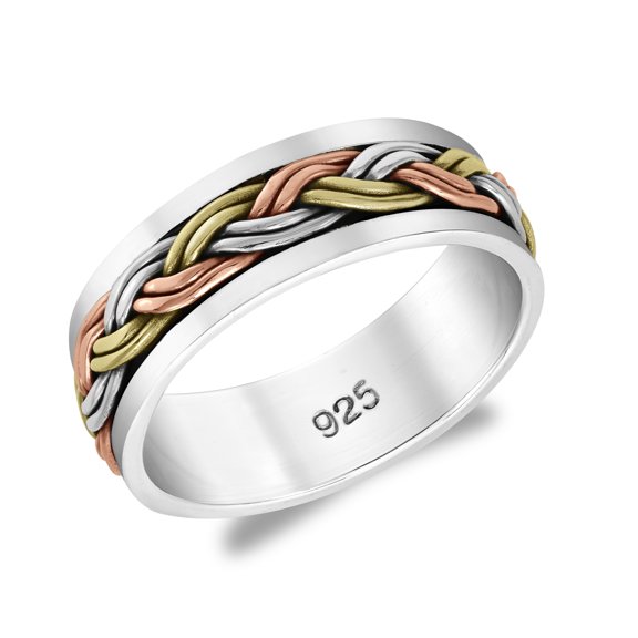 Eternal Braided Colorful Three Tone Sterling Silver Band Ring-7