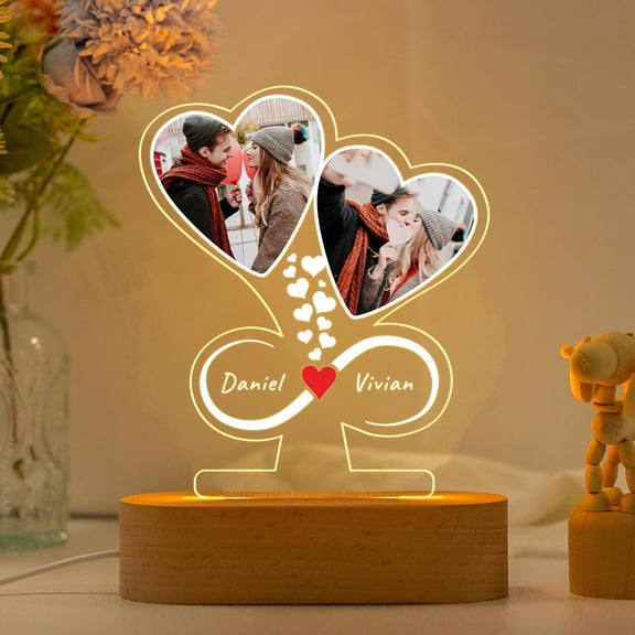 Eternal Couple Photo Custom Night Light Acrylic Plaque Wooden Base Memorial Birthday Gift Anniversary Table Lamp