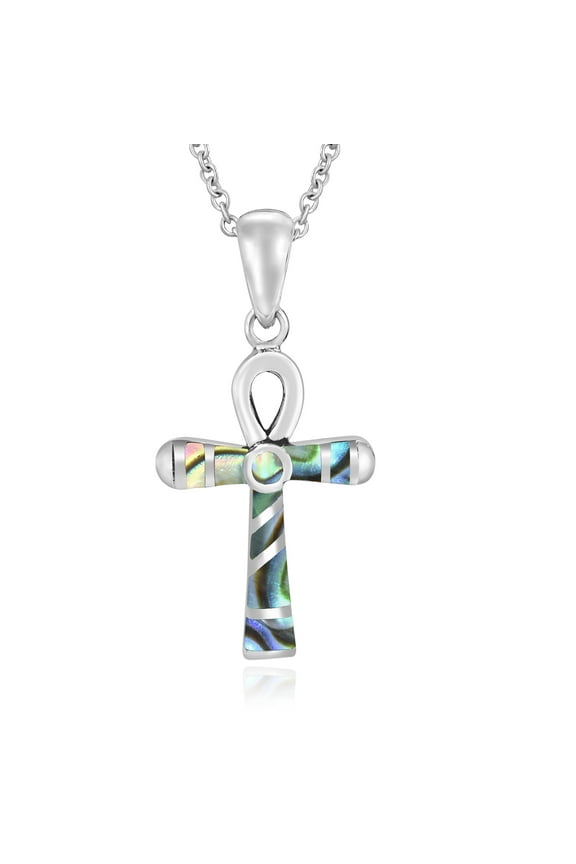 Eternal Egyptian Ankh Cross Abalone Shell Inlay .925 Silver Necklace | Sterling Silver Necklace for Women | Long Necklaces for Women