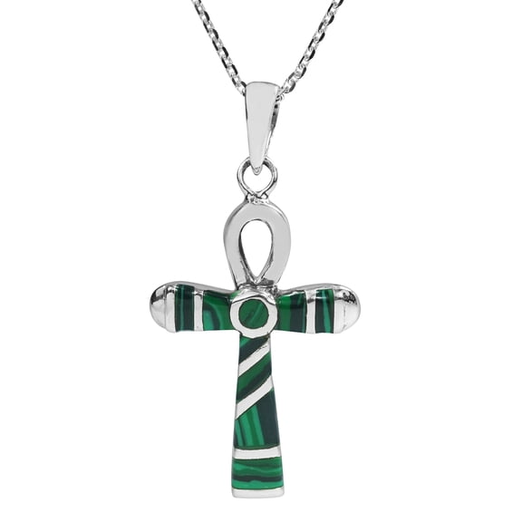 Eternal Egyptian Ankh Cross Malachite Inlay .925 Sterling Silver Pendant Necklace