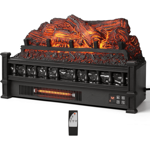 Eternal Flame Infrared Electric Fireplace Logs, 23" Infrared Quartz, Remote Control Fireplace Insert Log Heater, Realistic Pinewood Ember Bed, Thermostat, Timer, 1500W Black