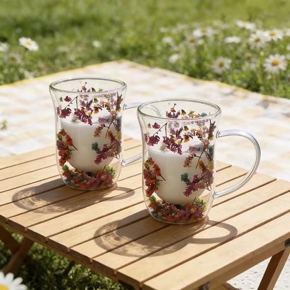 Eternal Flower Double Layered Glass Cup - Insulated Mug for Coffee, Tea, Juice, Hot & Cold Beverages, Floral Pattern Home Decor, Ergonomic Handle, Durable Glassware for Everyday Use