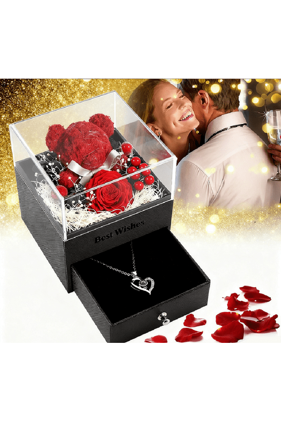 Eternal Flower Jewelry Box Preserved Flowers Jewelry Box with Necklace for Valentines Day Mothers Day Anniversary Day (Red)