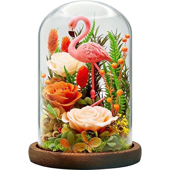 Eternal Flowers with Flamingo-Big Flower Big Love- Graduation Flowers Gifts for Daughter Wife Mom-Forever Flower in Glass Dome-Flowers for Delivery Prime on Anniversary Valentines Birthday(Champagne)