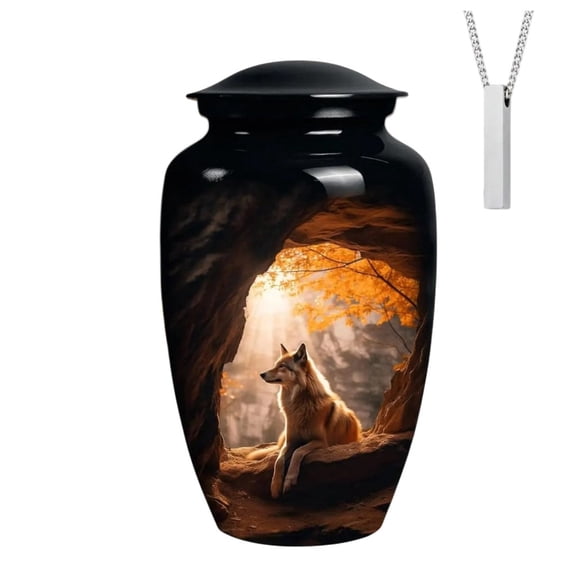 Eternal Journey Wolf Memorial Cremation Urn for Ashes, Artistic Cave Light Design Urn with Keepsake Necklace