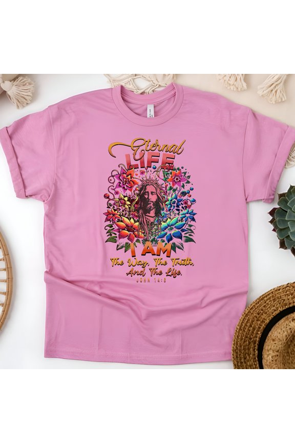 Eternal Life Shirt – I Am the Way, The Truth, The Life Floral Jesus Tee, Azalea, Size M