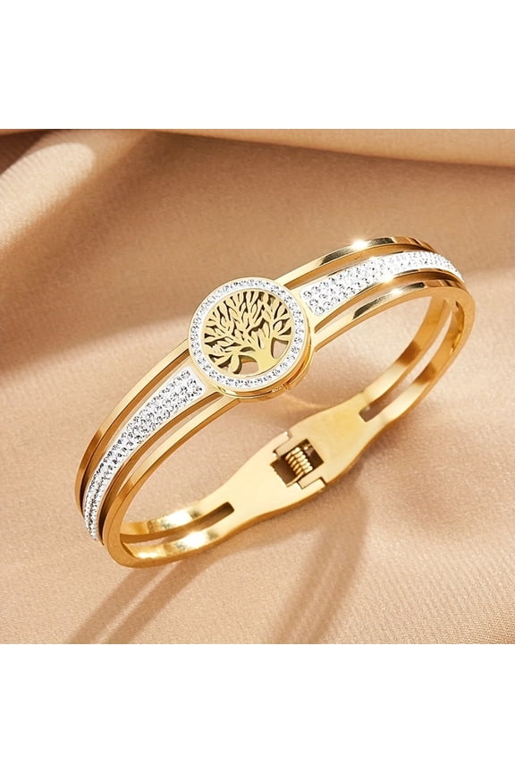 Eternal Life Tree Charm: Women's Stainless Steel Bangle Bracelet, Symbolic Holiday Gift For Her - Durable & Hypoallergenic Jewelry - Suitable For Christmas Gifts - Comes With Gift Box,Golden