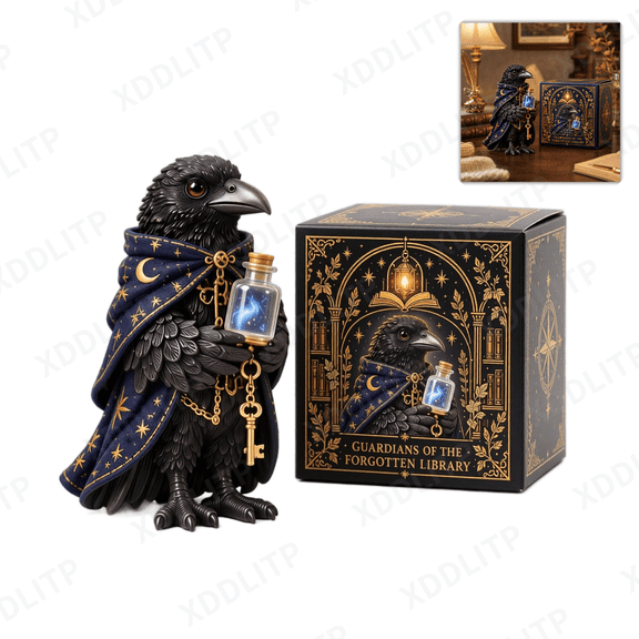 Eternal Light Crow Wizard Statue, Resin Raven Figurine with Light Up Potion Bottle, Whimsical Fantasy Decor, Bedroom Decor and Fall Home Decor for Reading Nook