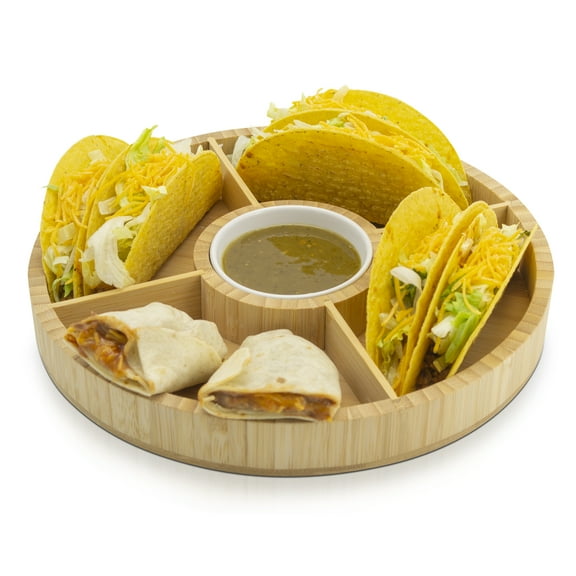 Eternal Living Divided Serving Tray Appetizer Party Platter Chip, Ceramic Dip bowl and Taco Toppings, Bamboo 11.5