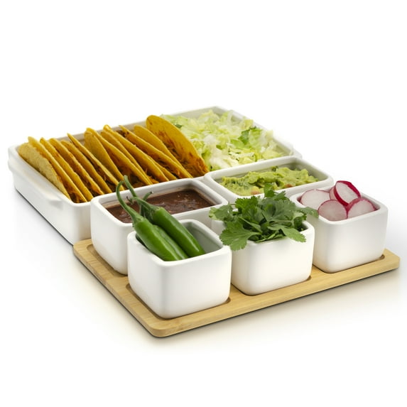 Eternal Living Appetizer Serving Tray Condiment Server with Bamboo Tray 7 pieces Set, Ceramic