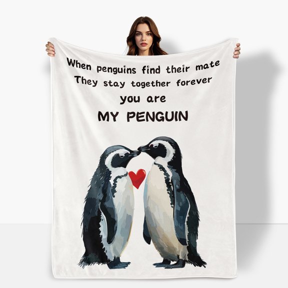 Eternal Love Cozy Fleece Blanket For Couples In White Featuring Penguins Symbolizing Togetherness And Companionship Soft Warm For Sofa Bed Travel Camping For Family Friends Shipped From USA