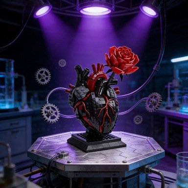 The Eternal Pulse: Artistic Heart-Shaped Building Set with Crimson Rose, Sophisticated 3D Floral Core Sculpture for Romantic Home Decor and Creative Desktop Display, Shadow Series