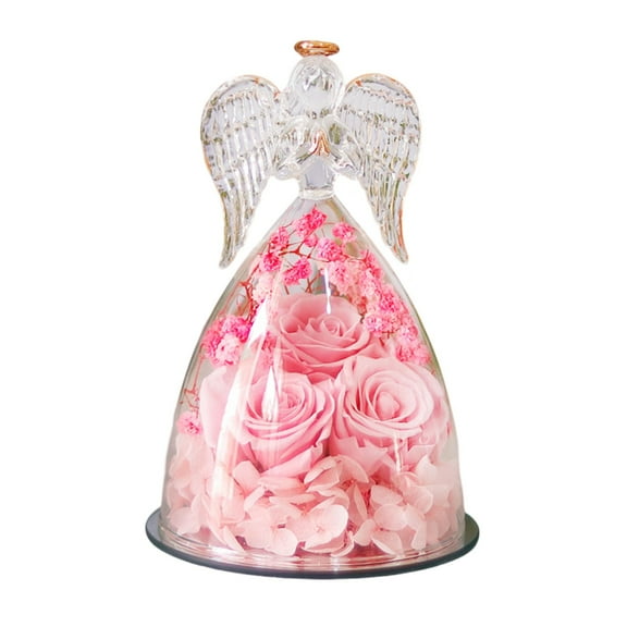 Eternal Rose Angel In Glass Dome Valentine'S Day Preserved Rose Bouquet Elegant Display Piece Desktop Ornament Home Decor