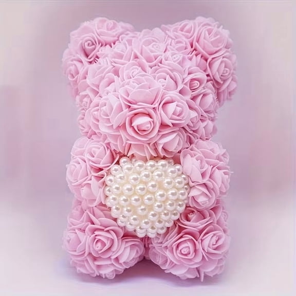 Eternal Rose Bear - Handmade Artificial Rose Bear with Elegant Pearl Heart - Ideal Gift for Valentine's Day, Christmas, and Mother's Day