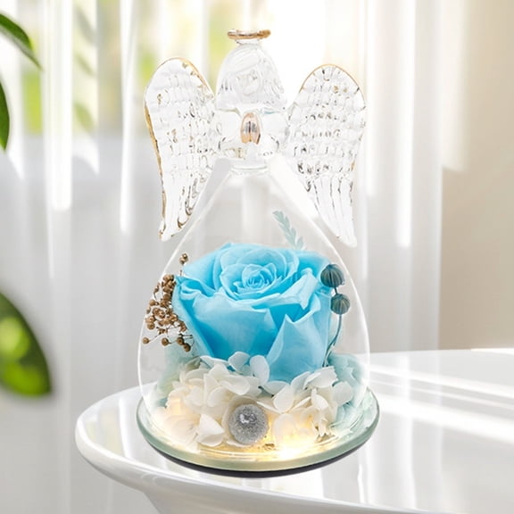 Eternal Rose Flower Ornament, Preserved Rose in Glass Dome, 2.7x5.1Inch Eternal Flower Arrangement for Valentine's Day, Long-Lasting Gift for Her, Angel Wing Top Eternal Flower Blue