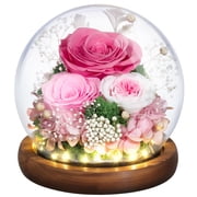 Eternal Rose Gifts for Mom, Preserved Real Rose in Glass Dome with LED Light,Gifts for Women Wife Her on Birthday Anniversary Mothers Day,Pink