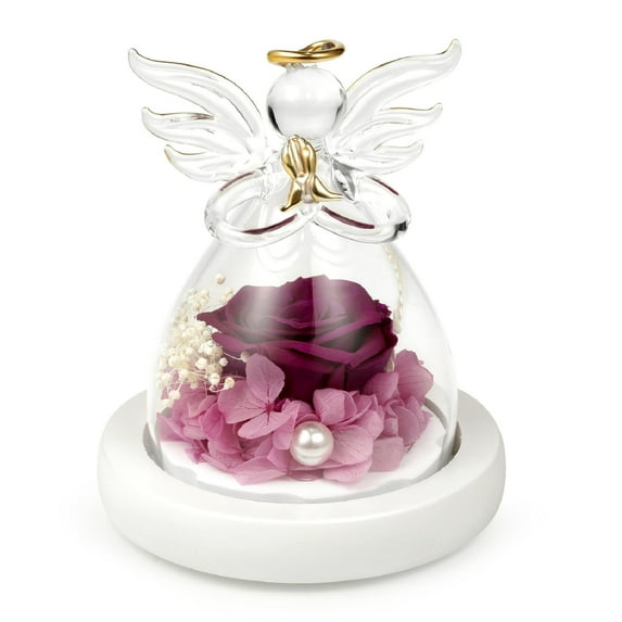 Eternal Rose In Glass Angel Figurines, Preserved Blue Rose Forever Flower With Led Light And Wood Base, Wedding Anniversary Mother's Day Birthday Romantic Gift For Her