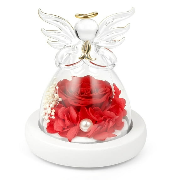 Eternal Rose In Glass Angel Figurines, Preserved Blue Rose Forever Flower With Led Light And Wood Base, Wedding Anniversary Mother's Day Birthday Romantic Gift For Her