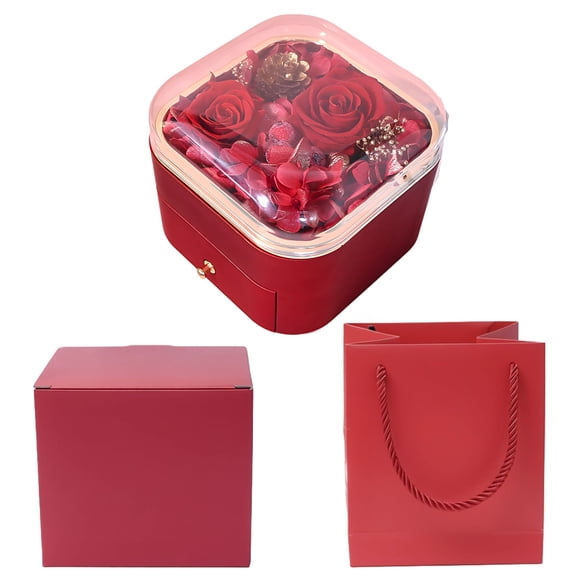 Eternal Rose Jewelry Gift Box in Red, Including a Necklace/Ring Holder, Preserved Real Rose, with Gift/Color Box & Handbag, for Valentine's, Anniversaries