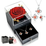 Eternal Rose with Necklace Earrings Set Birthday Gifts for Women Mom Preserved Real Flowers Mothers Day Valentines Day Gifts Anniversary Jewelry Sets for Women Grandma Wife Girlfriend Her Red