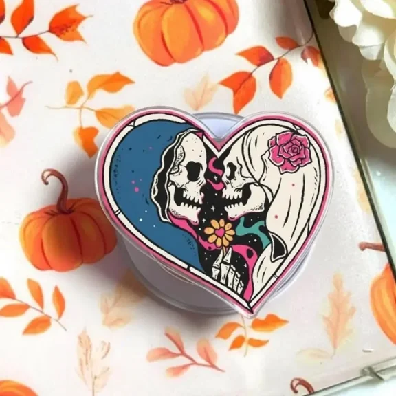 Eternal Skeleton Kiss MagSafe Phone Grip - Skeleton Couple in Heart with Day & Night Design Phone Stand, Romantic Gothic Magnetic Popgrip