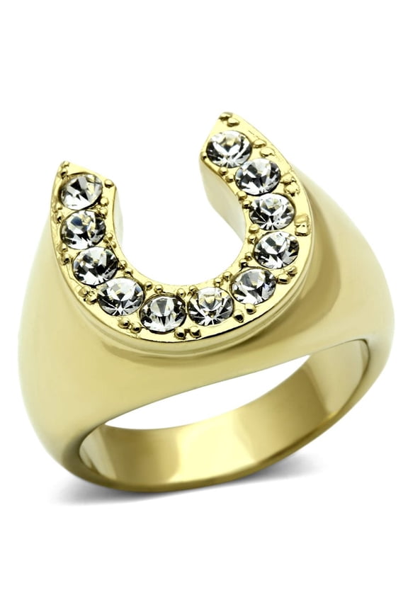 Men's CZ Clear Stone Horseshoe Horse Equestrian Novelty Fashion Statement Ring - Gold