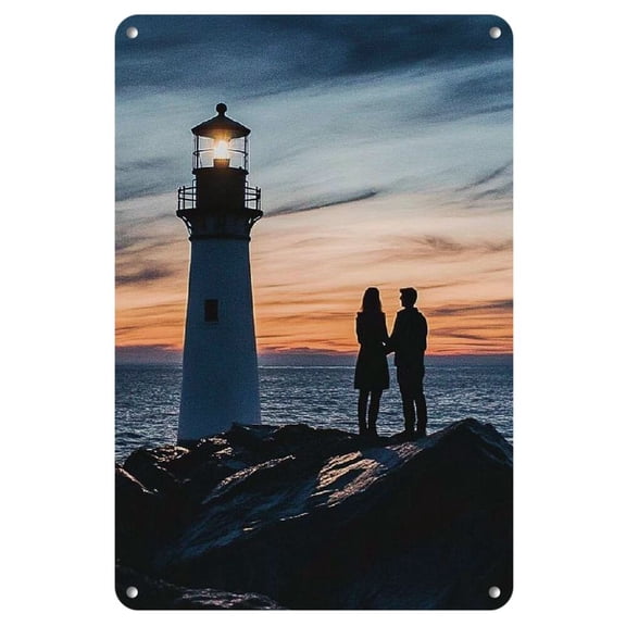 "Eternal Tower" 8" x 12" Metal Tin Sign - Romantic Couple's Love Illustration Under Golden Hour Light, Iron Wall Art