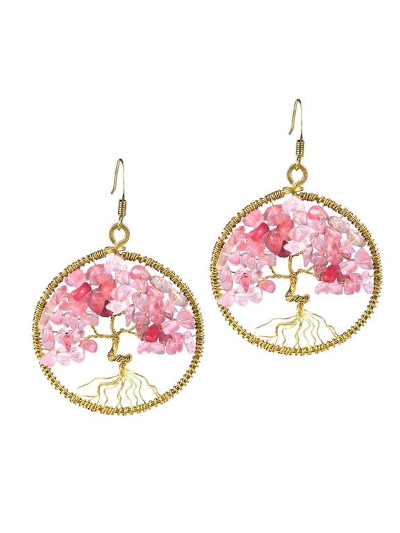 Eternal Tree of Life Colored Pink Glass Branch Brass Dangle Earrings