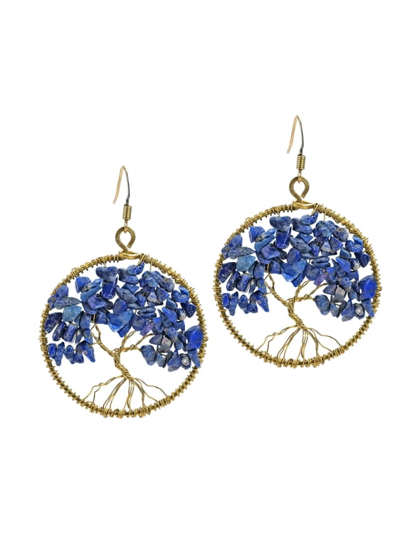 Eternal Tree of Life Simulated Blue Lapis-Lazuli Branch Brass Dangle Earrings